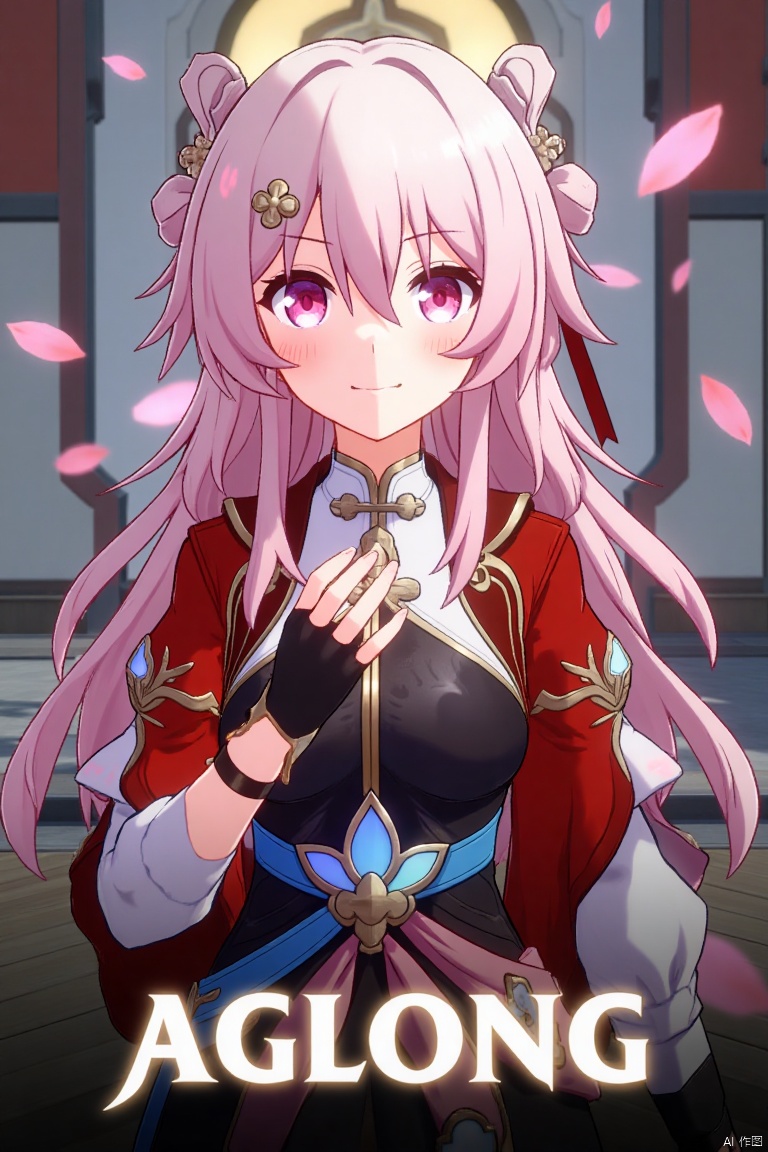A movie poster featuring a solo 1girl with long pink hair, bangs, and pink eyes, smiling. She wears a hair ornament, fingerless black gloves, and long sleeves, with pink petals floating around her. The girl is dressed in Chinese clothes, and the poster has a cinematic framing with dramatic lighting. At the bottom, the text AGlong is prominently displayed.