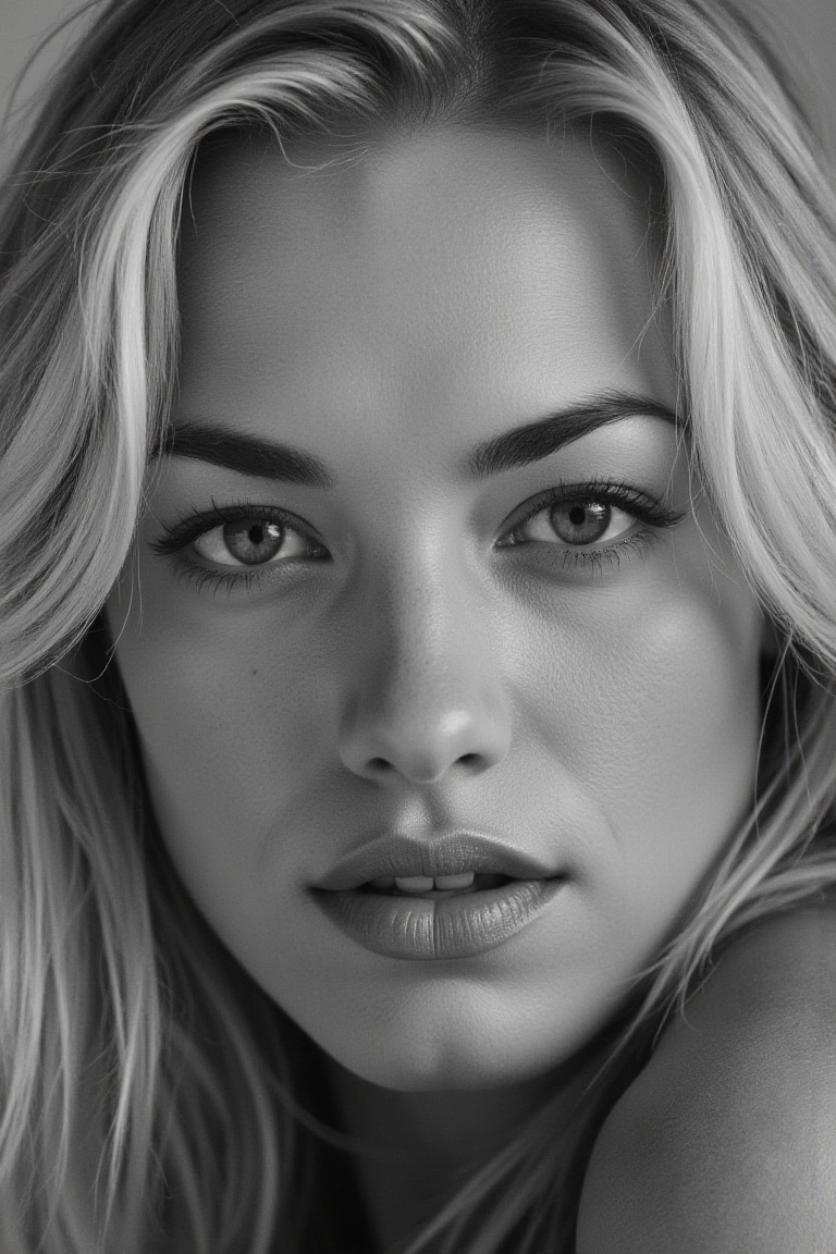 portrait inspired by Peter Lindbergh's photographic style of yvonflx,  a blonde woman looking directly into the camera wit...