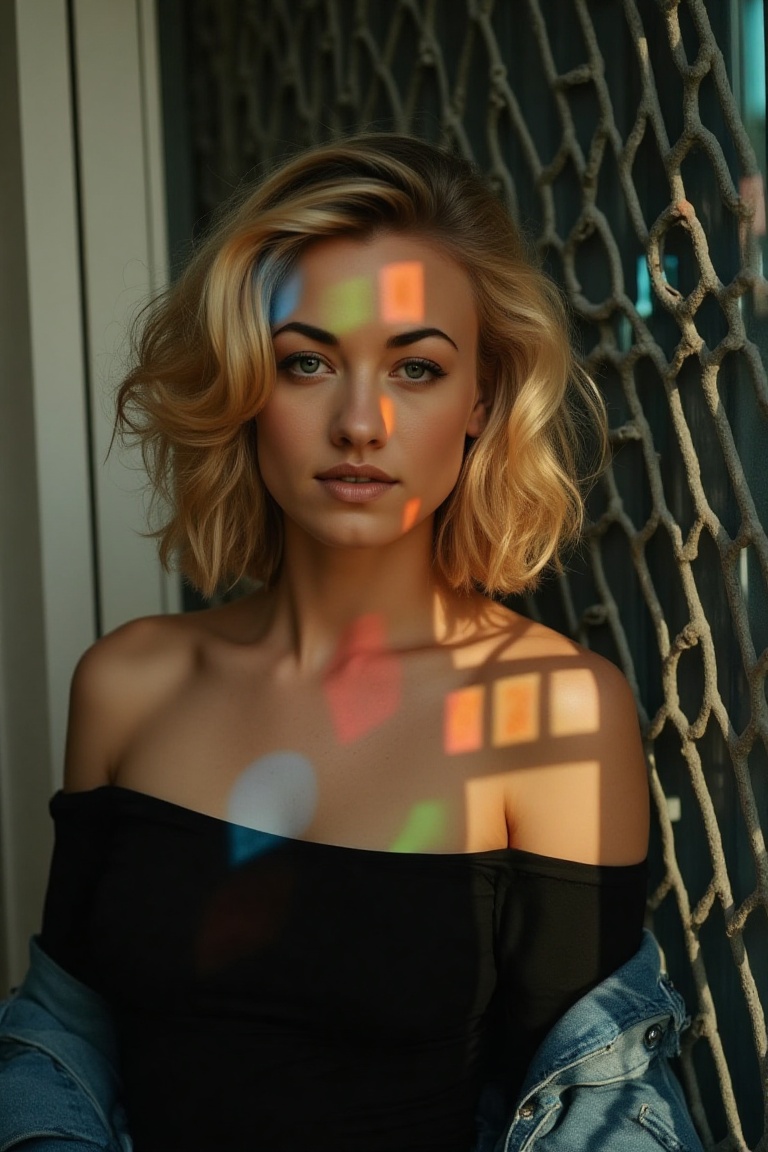 emmyrflx,  a woman has voluminous blonde hair that frames her face in a soft,  effortless manner. Her skin is medium-toned...