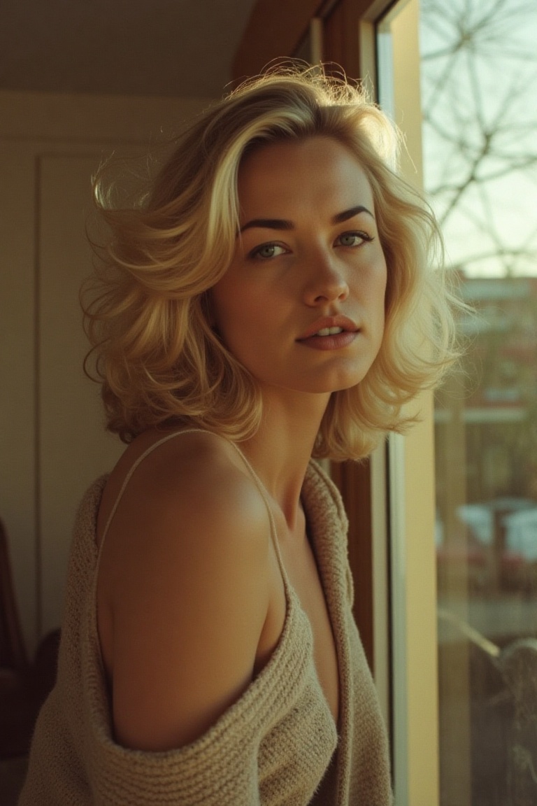 emmyrflx,  a woman has voluminous blonde hair that frames her face in a soft,  effortless manner. Her skin is medium-toned...
