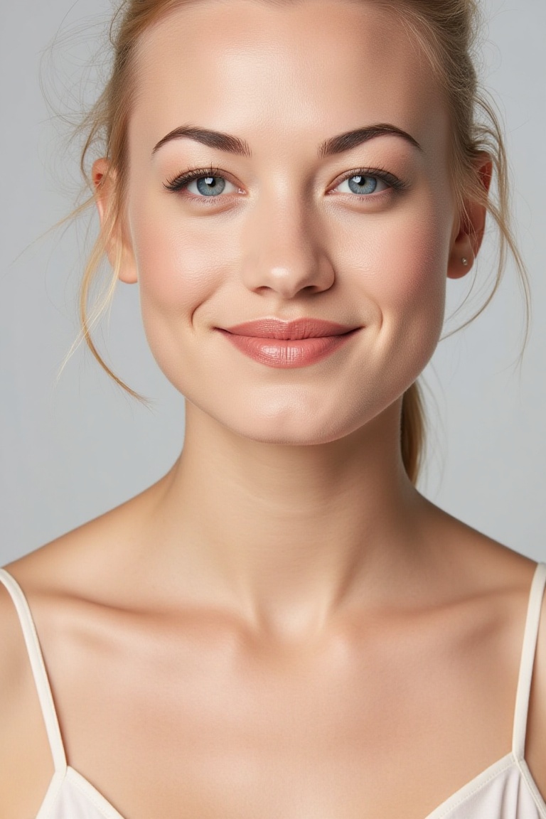 High quality realistic beauty shot of yvonflx. A close-up shot of a blonde woman. She is wearing a camisole blouse. Her li...