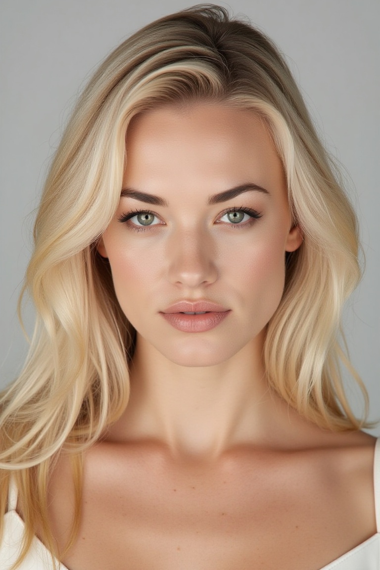 High quality realistic beauty shot of yvonflx. A close-up shot of a blonde woman. She is wearing a camisole blouse. The ba...