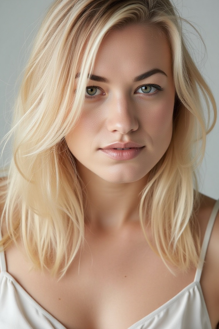 High quality realistic beauty shot of yvonflx. A close-up shot of a blonde woman. She is wearing a camisole blouse. The ba...