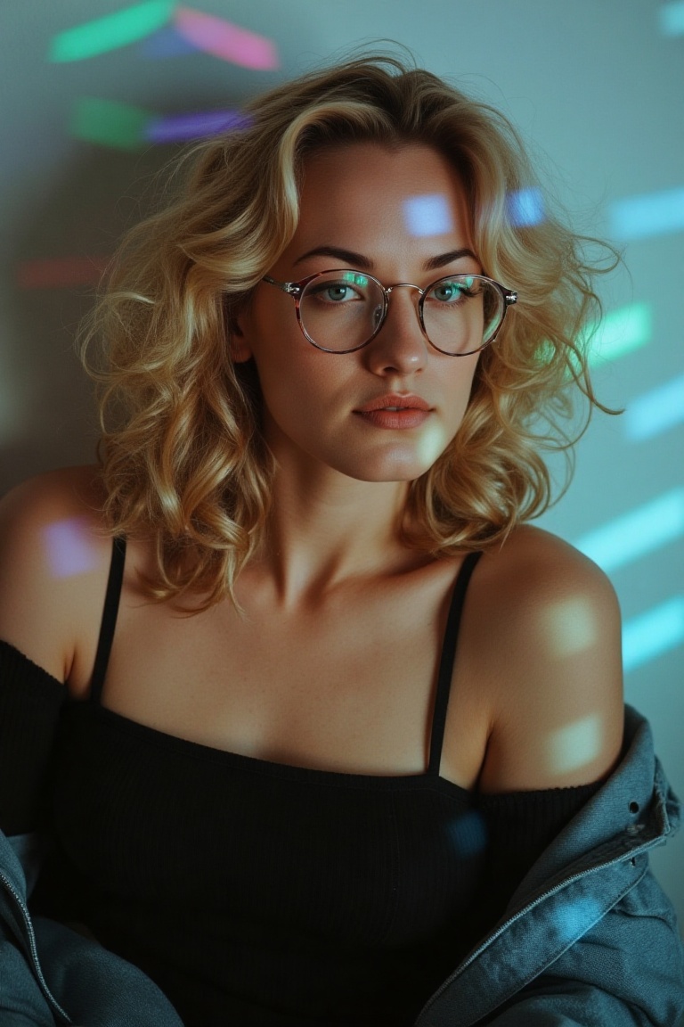 emmyrflx,  a young woman has voluminous,  loosely curled blonde hair that frames her face in a soft on Tensor.Art