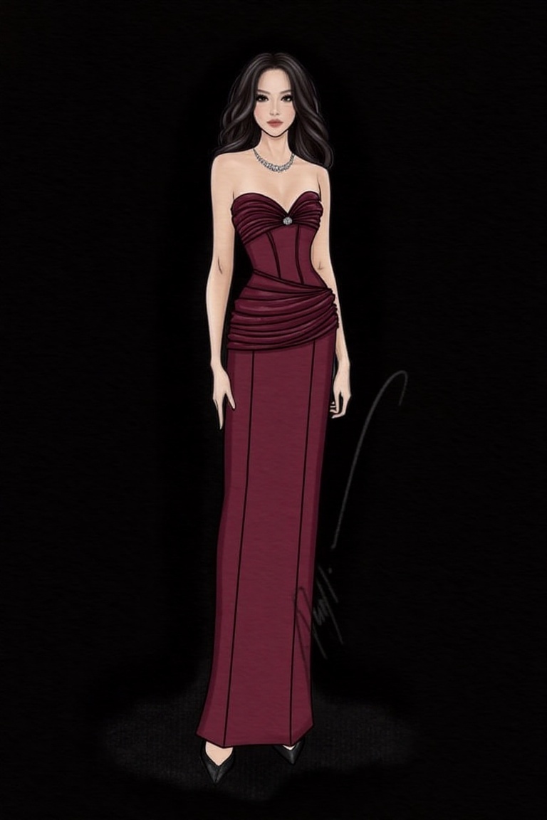Here is a prompt: A fashion design drawing of a stunning young woman posing against a sleek black background. She wears a...