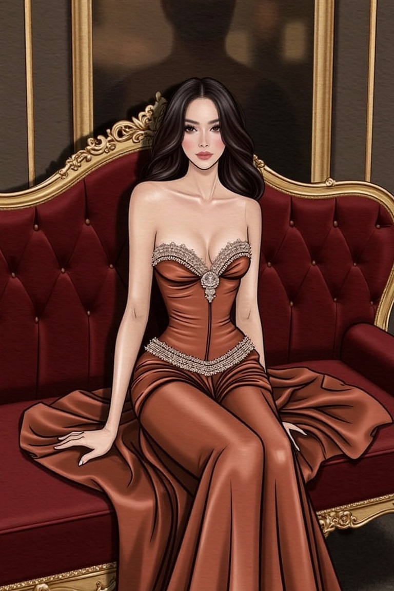 A luxurious fashion illustration of a stunning young woman sitting elegantly on a velvet couch,  surrounded by lavish fabr...