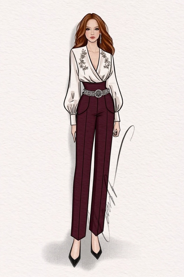 A fashion design sketch of a stunning young woman posing elegantly against a neutral background,  featuring a bespoke ense...