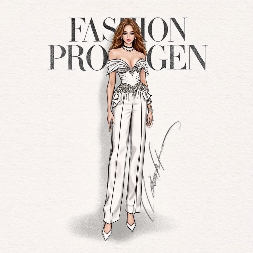 A stunning fashion design drawing,  young woman,  radiant with confidence on Tensor.Art