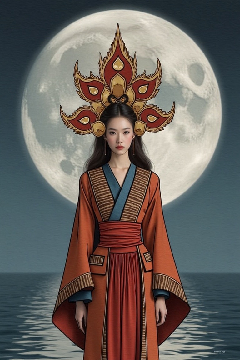 Create an fashion design a young super model dressed in surrealism costume inspired by Buddhism and high fashion ,  Fashio...