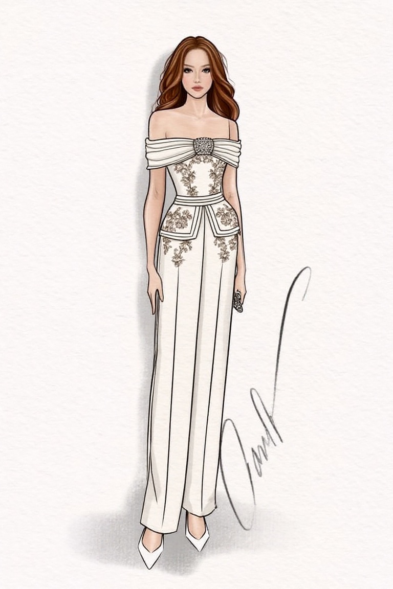 A fashion design drawing of a stunning young woman standing confidently against a clean white background. She wears a besp...