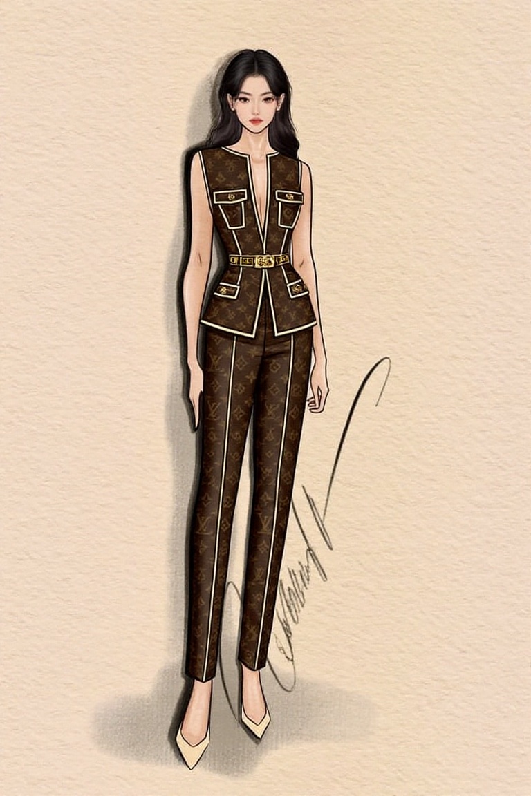 A stunning fashion design drawing of a young woman exudes confidence as she poses elegantly against a crisp golden texture...