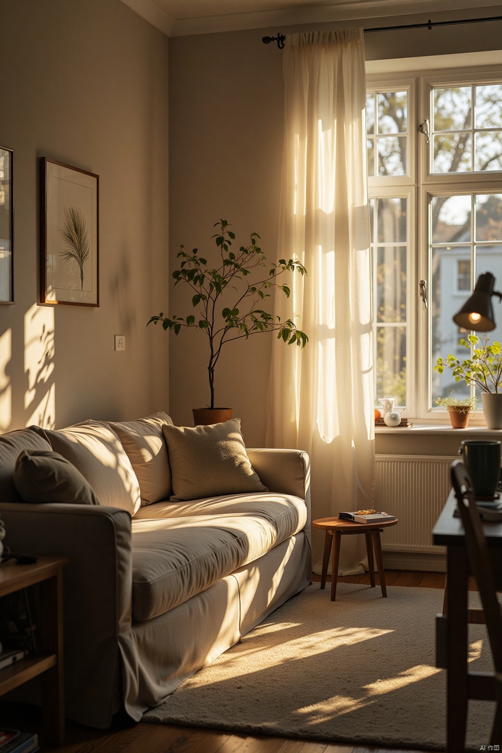 A warm and inviting bedroom scene: a plush sofa bathed in soft, golden sunlight streaming through the window, casting a gentle glow on the surrounding furniture. IKEA-inspired decor with clean lines and minimal ornamentation adds to the cozy atmosphere. A professional photographer's eye captures the perfect balance of light and shadow, creating a sense of serenity.