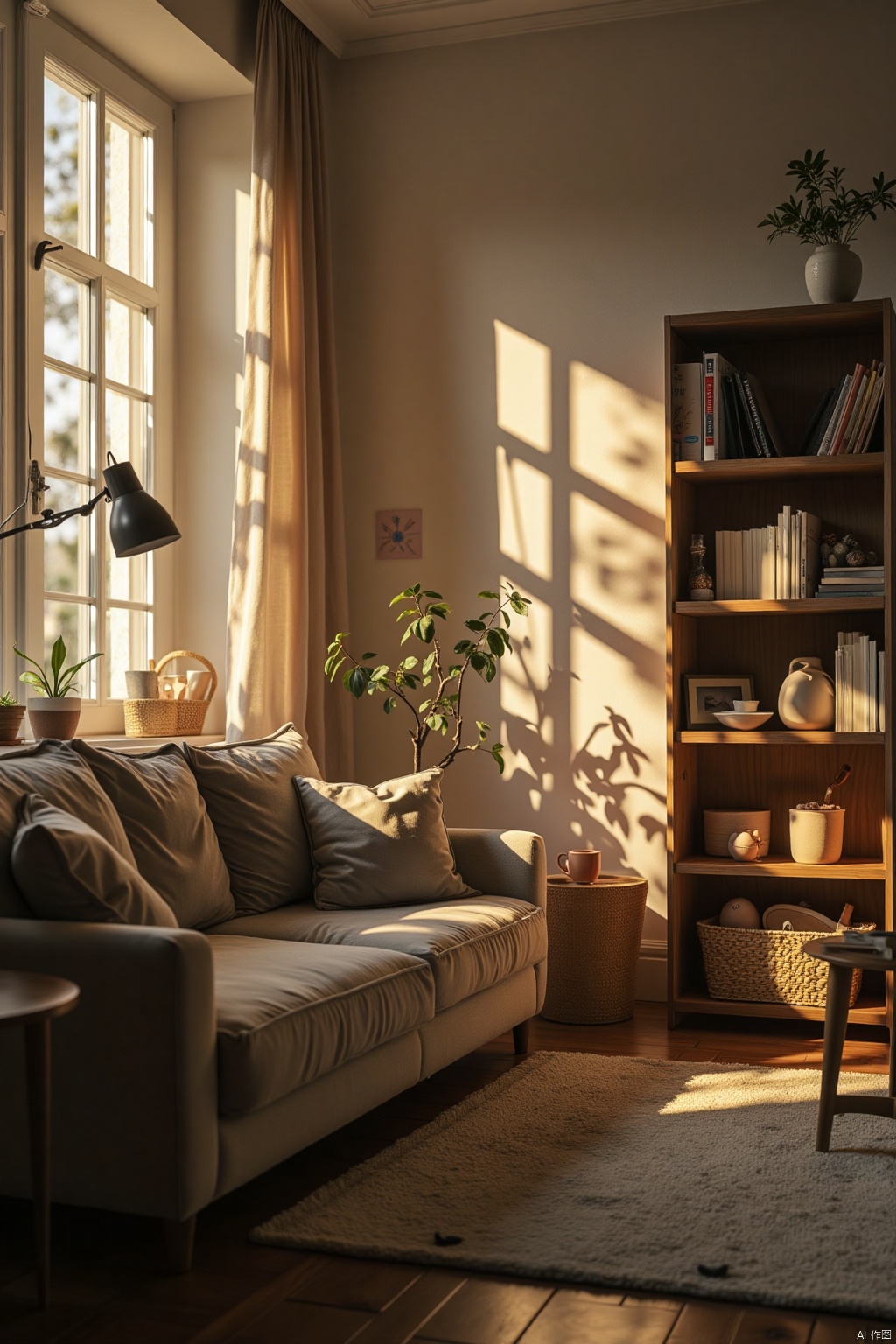 A warm and inviting bedroom scene: a plush sofa bathed in soft, golden sunlight streaming through the window, casting a gentle glow on the surrounding furniture. IKEA-inspired decor with clean lines and minimal ornamentation adds to the cozy atmosphere. A professional photographer's eye captures the perfect balance of light and shadow, creating a sense of serenity.