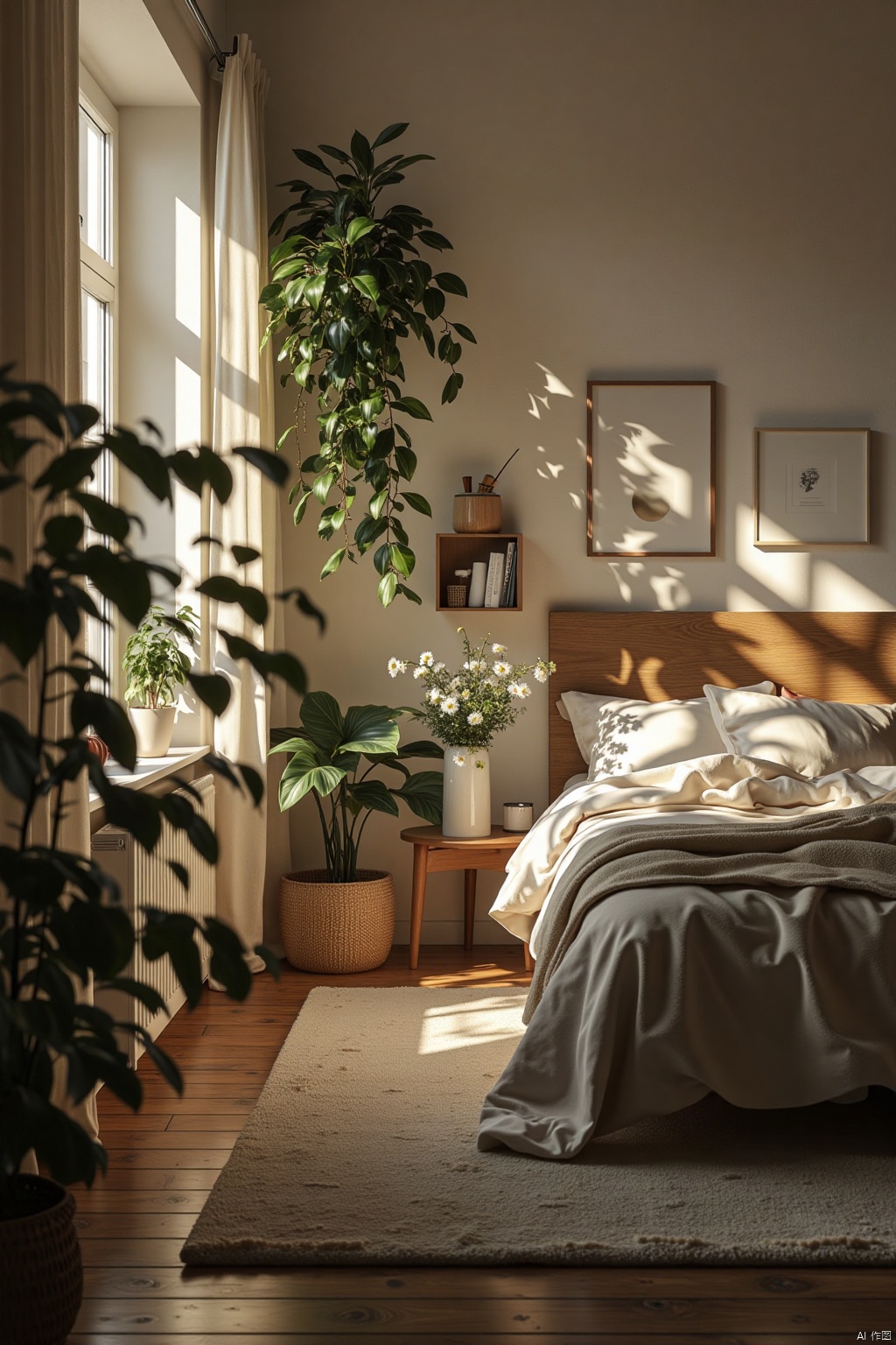 A cozy bedroom scene bathed in natural light, surrounded by lush greenery. A plush area rug defines the space, with a comfortable bed dressed in soft linens and a warm-toned wooden headboard. A few potted plants and a vase of fresh flowers add a touch of natural elegance. The overall atmosphere is inviting and peaceful, evoking a sense of relaxation and tranquility.
