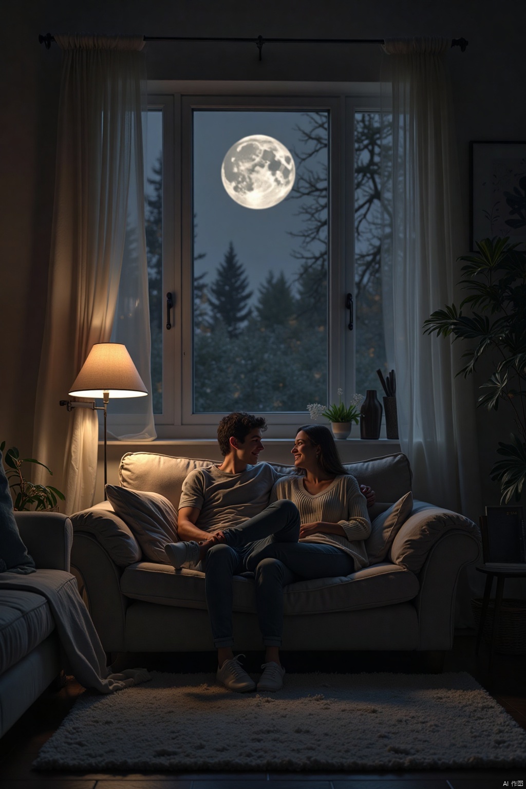 A cozy scene under the gentle glow of moonlight in a living room. The soft beam of light casts a warm ambiance on the plush sofa, where a couple sits together, surrounded by the quiet comfort of their home. The lunar illumination accentuates the intimacy and tranquility of the moment, as they bask in each other's company, lost in conversation or simply savoring the peacefulness of the night.