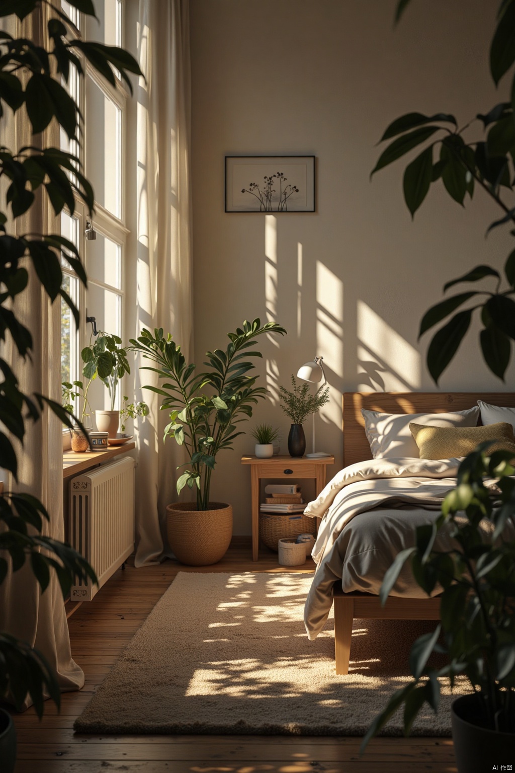 A cozy bedroom scene bathed in natural light, surrounded by lush greenery. A plush area rug defines the space, with a comfortable bed dressed in soft linens and a warm-toned wooden headboard. A few potted plants and a vase of fresh flowers add a touch of natural elegance. The overall atmosphere is inviting and peaceful, evoking a sense of relaxation and tranquility.