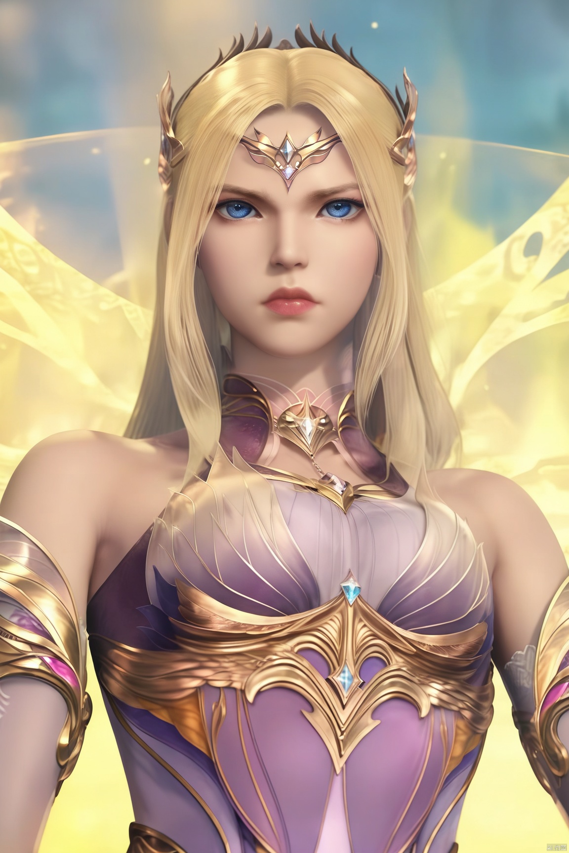 score_9_up,score_8_up,score_7_up,(Masterpiece, Best Quality, Photorealistic, High Resolution, 8K Raw), 
1girl, solo, long hair, looking at viewer, blue eyes, blonde hair, dress, bare shoulders, upper body, armor, lips, halo
pale skin,translucent,realistic,white skin,