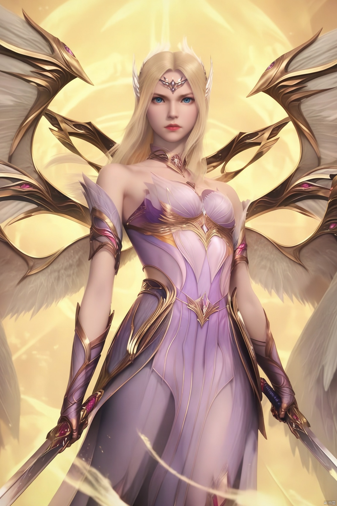 score_9_up,score_8_up,score_7_up,(Masterpiece, Best Quality, Photorealistic, High Resolution, 8K Raw), 
1girl, solo, long hair, blonde hair, dress, holding, bare shoulders, weapon, wings, sword, armor, gauntlets, dual wielding, multiple wings,
pale skin,translucent,realistic,white skin,