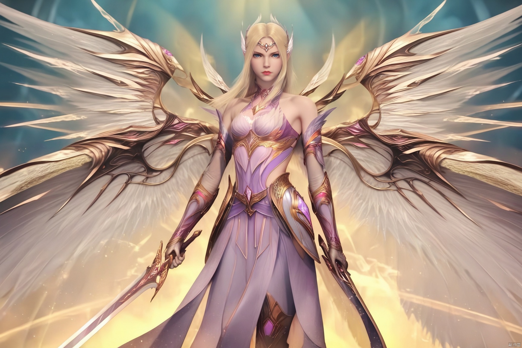 score_9_up,score_8_up,score_7_up,(Masterpiece, Best Quality, Photorealistic, High Resolution, 8K Raw), 
1girl, solo, long hair, blonde hair, dress, holding, bare shoulders, weapon, wings, sword, armor, gauntlets, dual wielding, multiple wings,
pale skin,translucent,realistic,white skin,