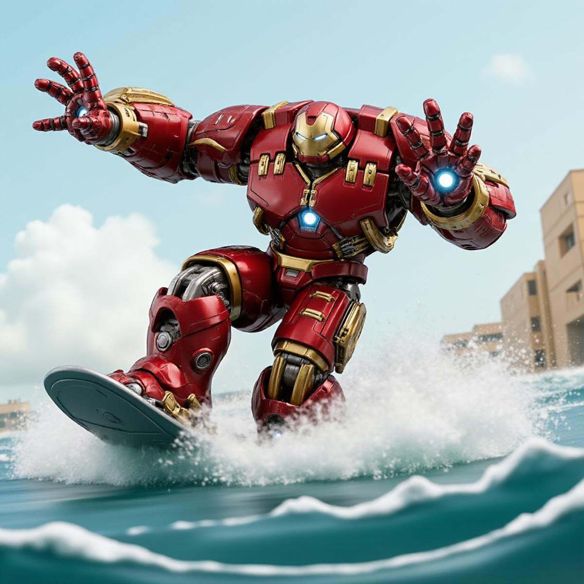 Hulkbuster,  a robot is surfing on the ocean on Tensor.Art