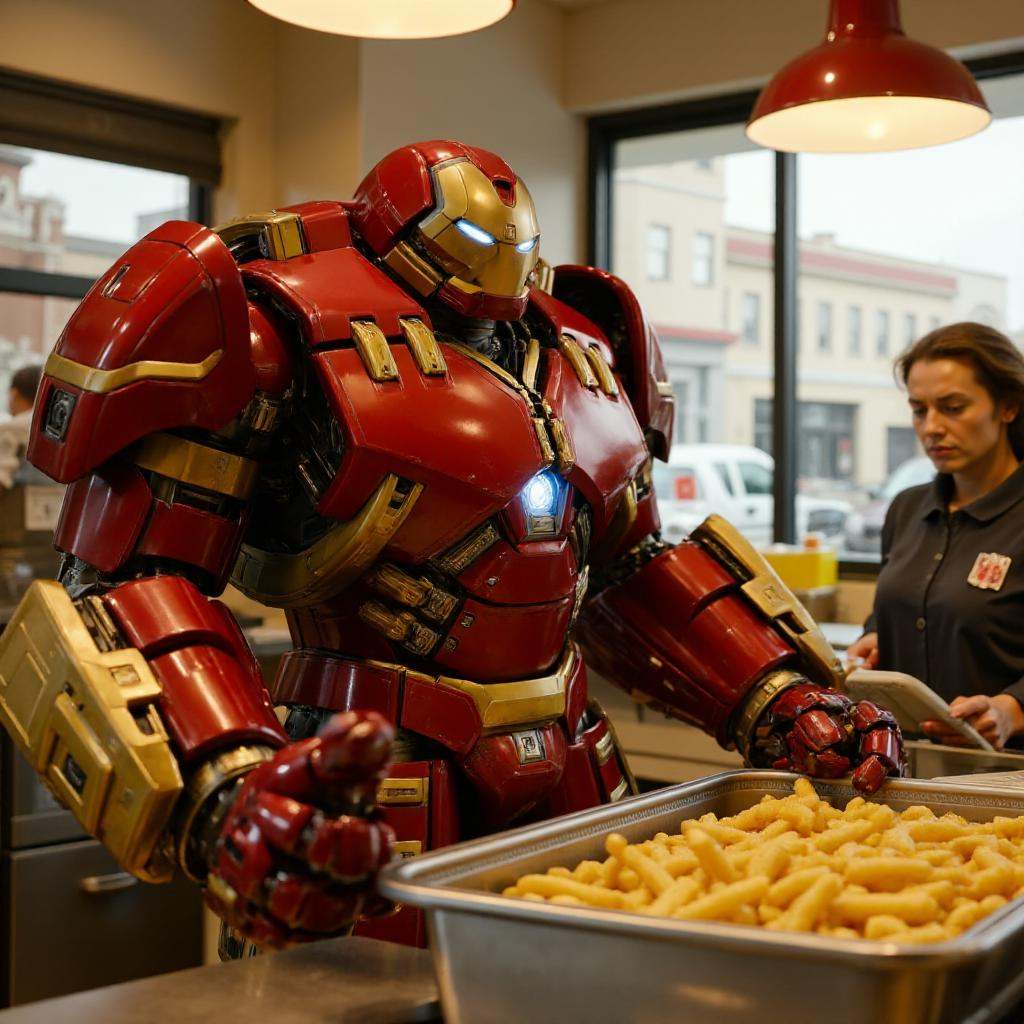 Hulkbuster,  a robot is working in a mcdonalds. He is operating a fryer making french fries on Tensor.Art
