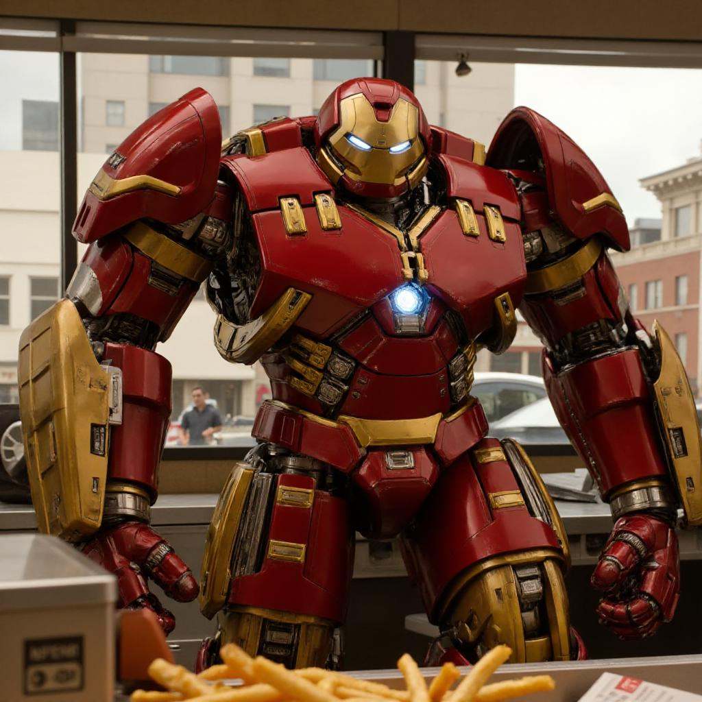 Hulkbuster,  a robot is working in a mcdonalds. He is operating a fryer making french fries on Tensor.Art