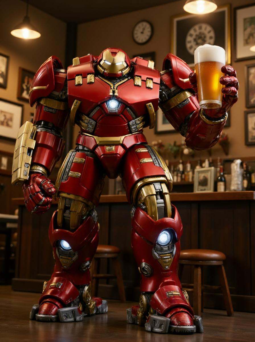 Hulkbuster,  a robot holding a beer in a pub on Tensor.Art