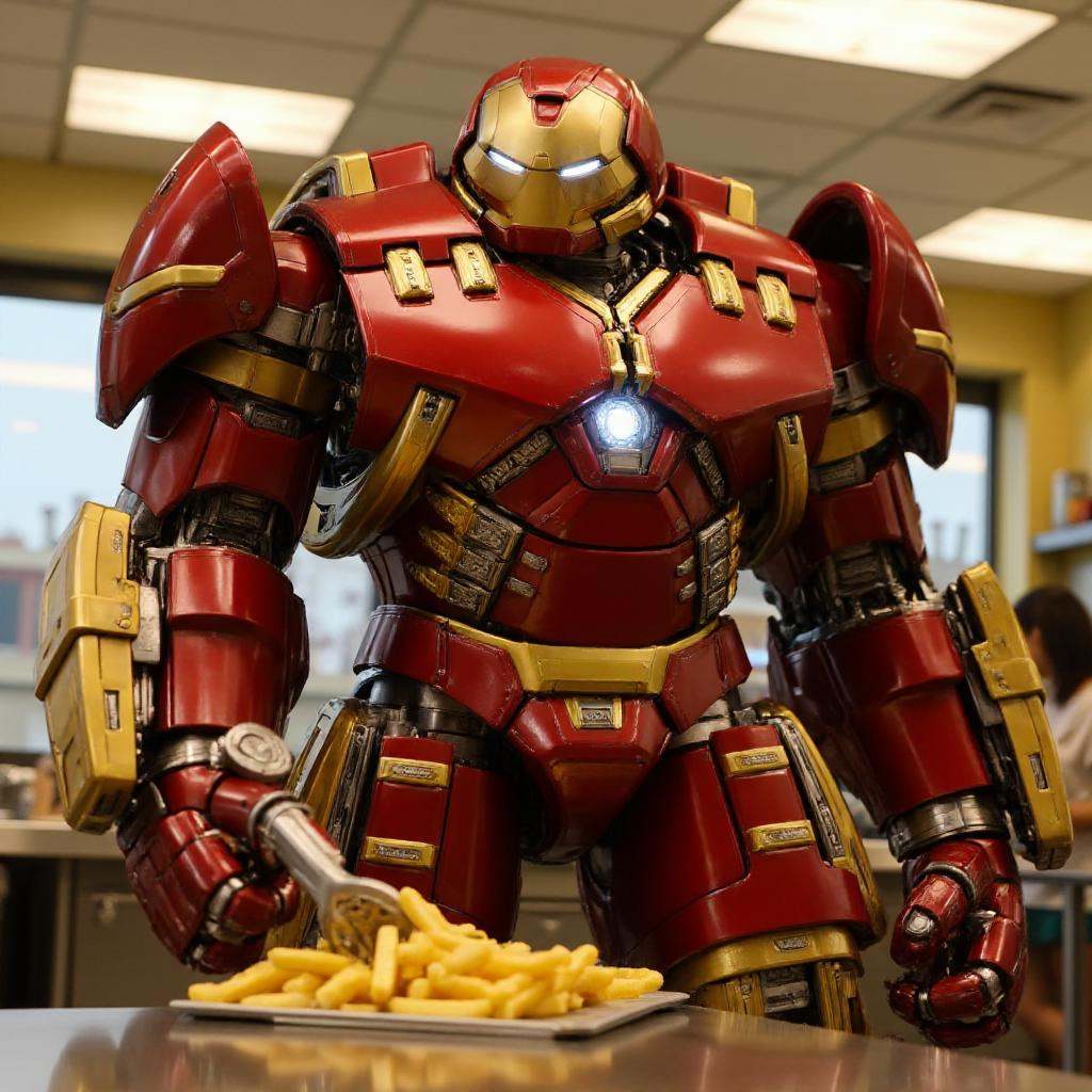 Hulkbuster,  a robot is working in a mcdonalds. He is operating a fryer making french fries on Tensor.Art