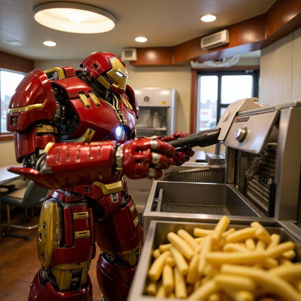 Hulkbuster,  a robot is working in a mcdonalds. He is operating a fryer making french fries on Tensor.Art