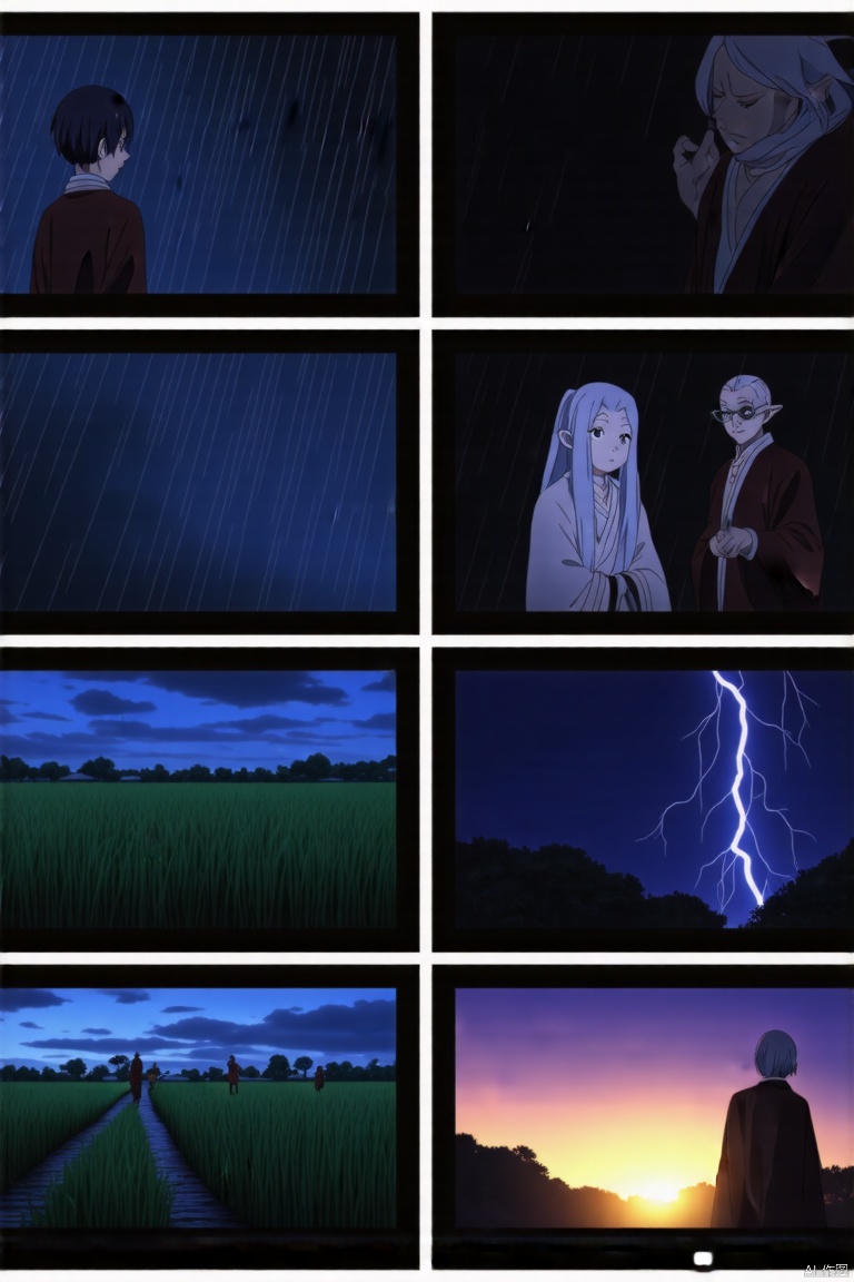 #电影镜头设置A striking 8-image collage from a Janpanese animation-CinematicMasterpiece cinematic, high-resolution, ultra-detailed, epic fantasy landscape, misty atmosphere,dramatic lighting, chiaroscuro effect, warm and cold light contrast, soft shadows, highly detailed textures, realistic yet fantastical, dynamic composition  #出现的角色a young carp in a traditional attire, symbolizing the bridegroom-to-be, an elderly matchmaker  with a kind expression, and local deities offering guidance, all set against the backdrop of a rainstorm  #表演故事的场景a picturesque rural landscape under a heavy downpour from the northwest, rice fields and streams crossed by simple bridges, darkening skies with flashes of lightning illuminating the path  #情绪与蒙太奇a mix of anticipation, confusion, and relief as characters navigate through the storm, seeking help and finding kindness in unexpected places, creating a heartwarming scene  #配色括弧选择能反映乡村雨夜温暖与神秘感的色调warm yet mysterious color palette, dominant hues of deep blues and purples for the stormy sky, golds and yellows for the guiding lights, greens for the lush countryside, creating a vibrant yet moody atmosphere