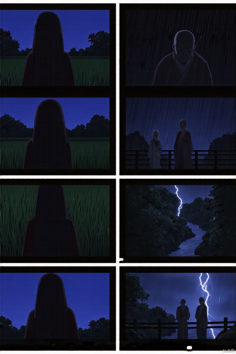 #电影镜头设置A striking 8-image collage from a Janpanese animation-CinematicMasterpiece cinematic, high-resolution, ultra-detailed, epic fantasy landscape, misty atmosphere,dramatic lighting, chiaroscuro effect, warm and cold light contrast, soft shadows, highly detailed textures, realistic yet fantastical, dynamic composition  #出现的角色a young carp in a traditional attire, symbolizing the bridegroom-to-be, an elderly matchmaker  with a kind expression, and local deities offering guidance, all set against the backdrop of a rainstorm  #表演故事的场景a picturesque rural landscape under a heavy downpour from the northwest, rice fields and streams crossed by simple bridges, darkening skies with flashes of lightning illuminating the path  #情绪与蒙太奇a mix of anticipation, confusion, and relief as characters navigate through the storm, seeking help and finding kindness in unexpected places, creating a heartwarming scene  #配色括弧选择能反映乡村雨夜温暖与神秘感的色调warm yet mysterious color palette, dominant hues of deep blues and purples for the stormy sky, golds and yellows for the guiding lights, greens for the lush countryside, creating a vibrant yet moody atmosphere