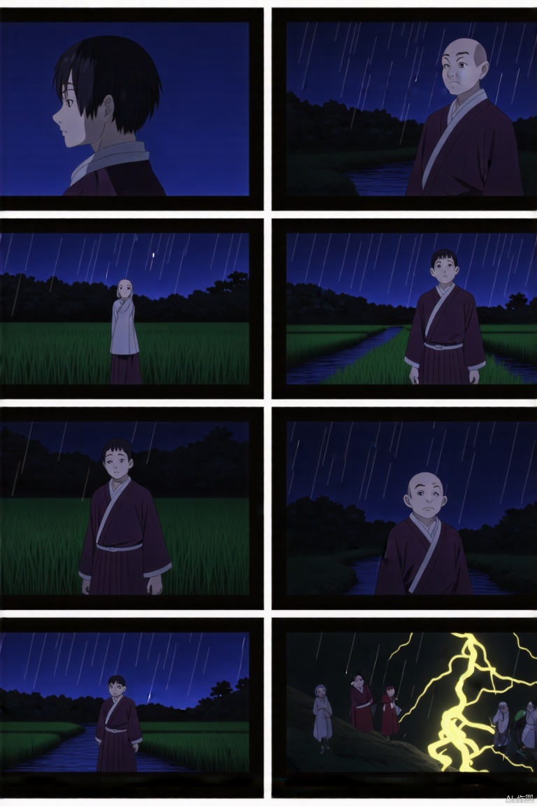 #电影镜头设置A striking 8-image collage from a Janpanese animation-CinematicMasterpiece cinematic, high-resolution, ultra-detailed, epic fantasy landscape, misty atmosphere,dramatic lighting, chiaroscuro effect, warm and cold light contrast, soft shadows, highly detailed textures, realistic yet fantastical, dynamic composition  #出现的角色a young carp in a traditional attire, symbolizing the bridegroom-to-be, an elderly matchmaker  with a kind expression, and local deities offering guidance, all set against the backdrop of a rainstorm  #表演故事的场景a picturesque rural landscape under a heavy downpour from the northwest, rice fields and streams crossed by simple bridges, darkening skies with flashes of lightning illuminating the path  #情绪与蒙太奇a mix of anticipation, confusion, and relief as characters navigate through the storm, seeking help and finding kindness in unexpected places, creating a heartwarming scene  #配色括弧选择能反映乡村雨夜温暖与神秘感的色调warm yet mysterious color palette, dominant hues of deep blues and purples for the stormy sky, golds and yellows for the guiding lights, greens for the lush countryside, creating a vibrant yet moody atmosphere