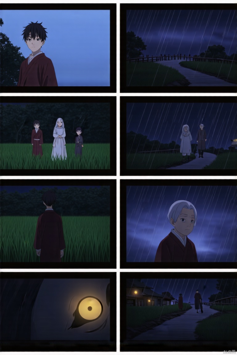 #电影镜头设置A striking 8-image collage from a Janpanese animation-CinematicMasterpiece cinematic, high-resolution, ultra-detailed, epic fantasy landscape, misty atmosphere,dramatic lighting, chiaroscuro effect, warm and cold light contrast, soft shadows, highly detailed textures, realistic yet fantastical, dynamic composition  #出现的角色a young carp in a traditional attire, symbolizing the bridegroom-to-be, an elderly matchmaker  with a kind expression, and local deities offering guidance, all set against the backdrop of a rainstorm  #表演故事的场景a picturesque rural landscape under a heavy downpour from the northwest, rice fields and streams crossed by simple bridges, darkening skies with flashes of lightning illuminating the path  #情绪与蒙太奇a mix of anticipation, confusion, and relief as characters navigate through the storm, seeking help and finding kindness in unexpected places, creating a heartwarming scene  #配色括弧选择能反映乡村雨夜温暖与神秘感的色调warm yet mysterious color palette, dominant hues of deep blues and purples for the stormy sky, golds and yellows for the guiding lights, greens for the lush countryside, creating a vibrant yet moody atmosphere