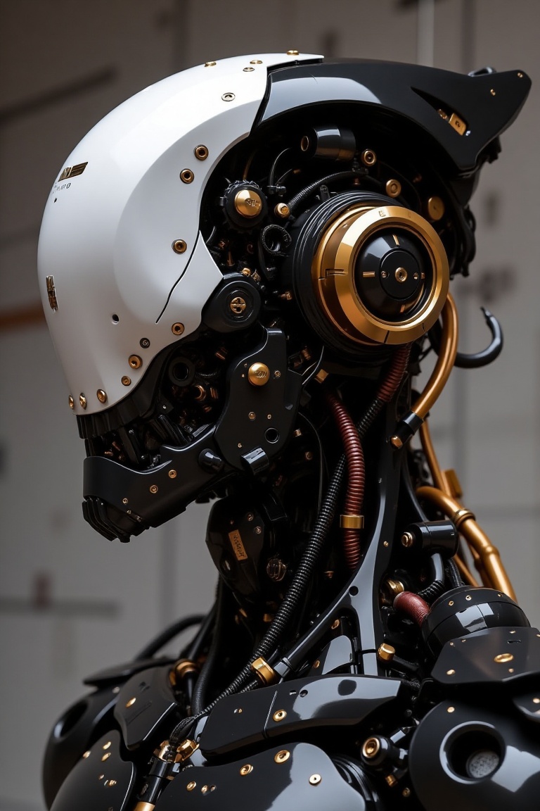 A meticulously crafted robotic head stands as a masterpiece of precision engineering and artistry,  blending the aesthetic...