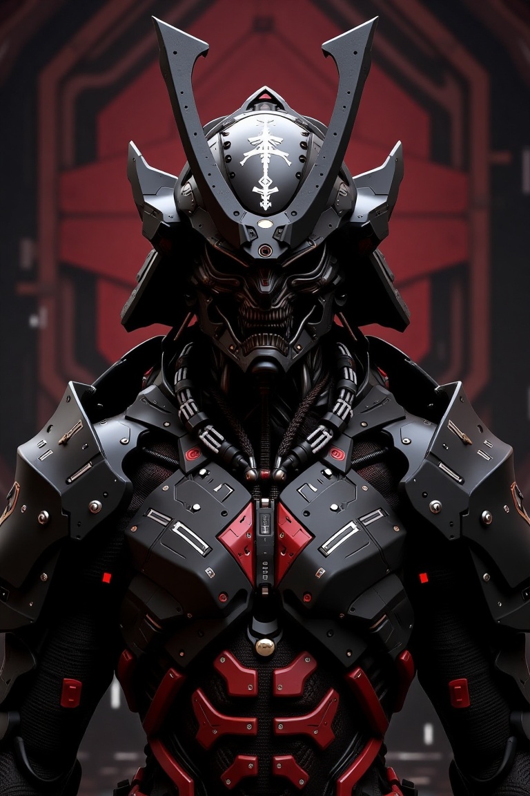 A futuristic armored warrior with a fearsome,  mechanical design,  blending samurai and cyberpunk aesthetics. The figure's...