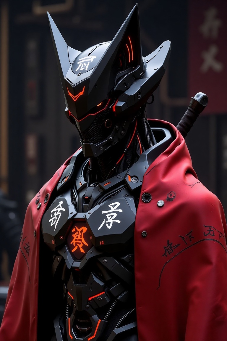 A highly detailed,  futuristic cybernetic warrior with a sleek and menacing design. The figure features a helmet with shar...