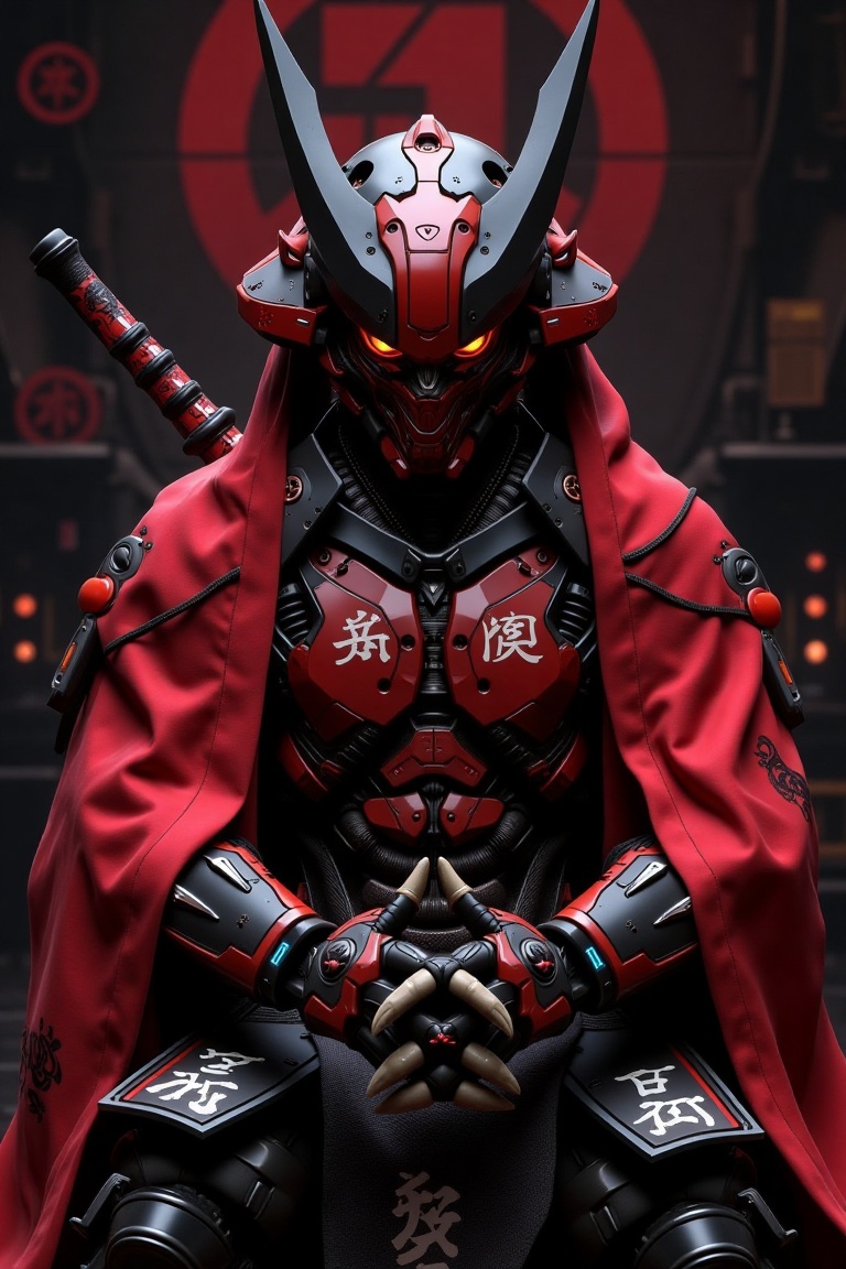 A futuristic cybernetic samurai,  seated in a commanding pose,  exuding an aura of power and intimidation. The figure is c...