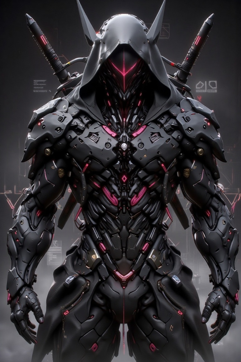 "A futuristic cyberpunk assassin in a sleek,  tactical outfit. The character is clad in a hooded black cloak with sharp,...