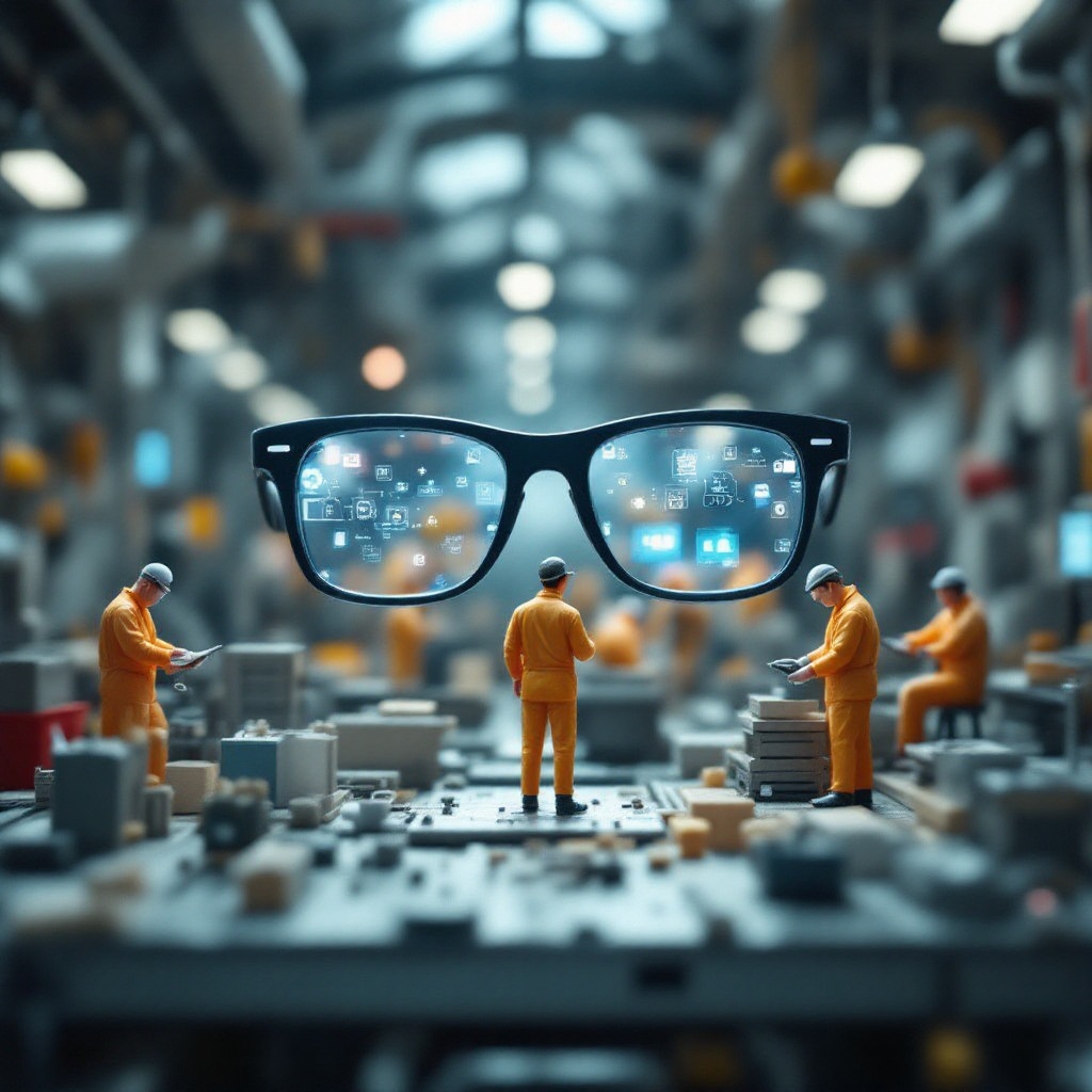 Miniature workers are working with a huge smart e-glasses from Apple brand,  Miniature workers on Tensor.Art