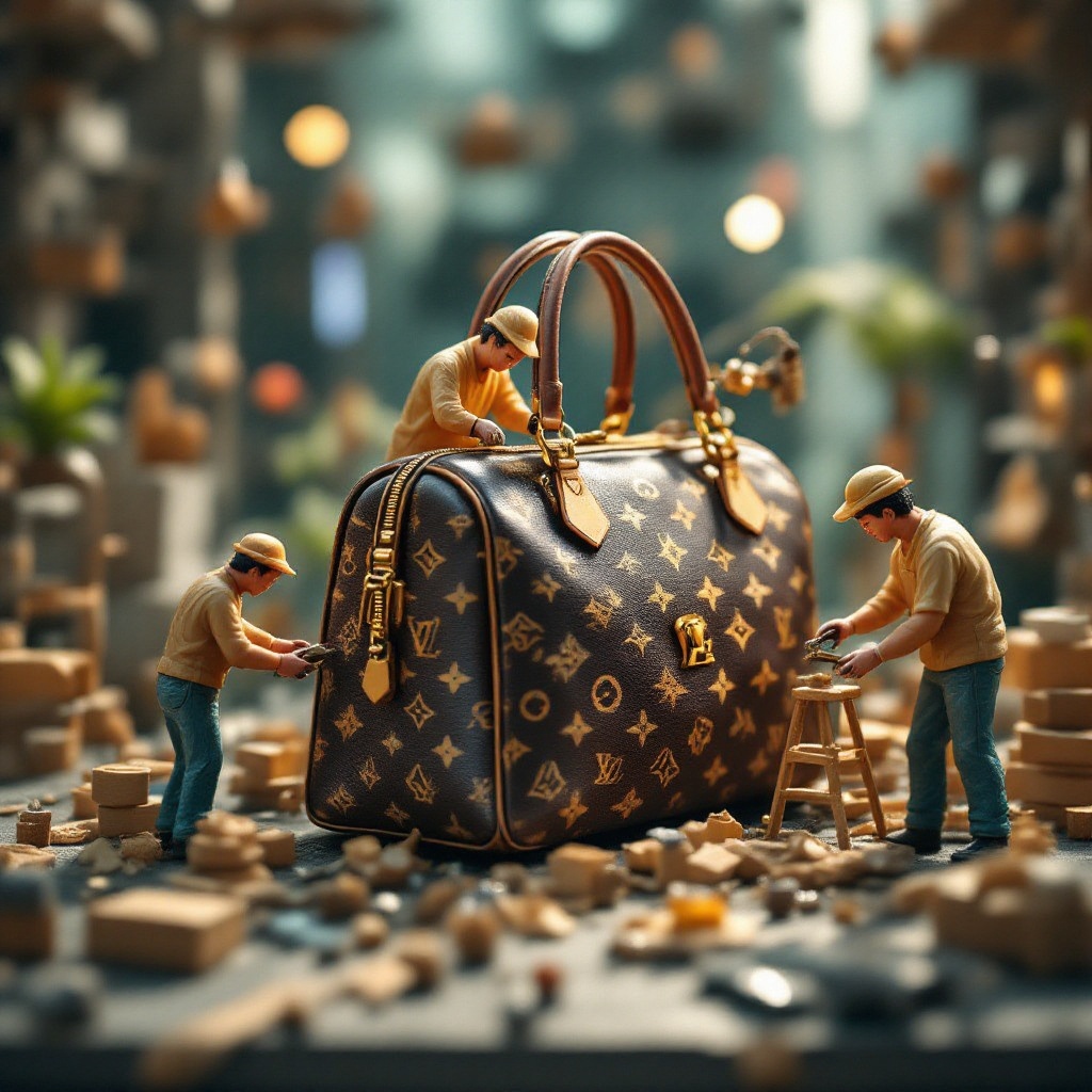 Miniature workers are working with a huge Louis Vuitton bag,  Miniature workers,  architecture on Tensor.Art