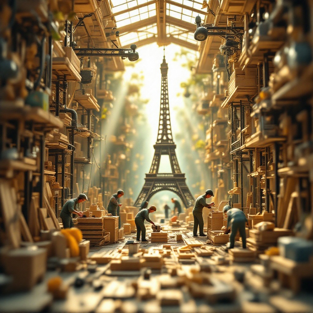 Miniature workers busily toil amidst a sprawling,  intricately detailed model of the Eiffel Tower,  their tiny hands and t...