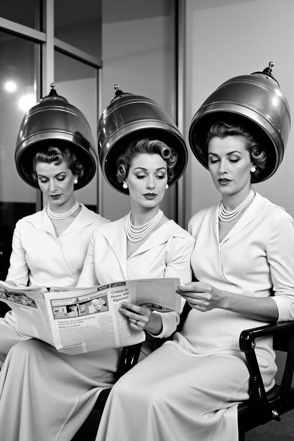 black and white vintage photo of a woman in a white dress and pearl necklace is seated in a chair,  reading a newspaper. S...