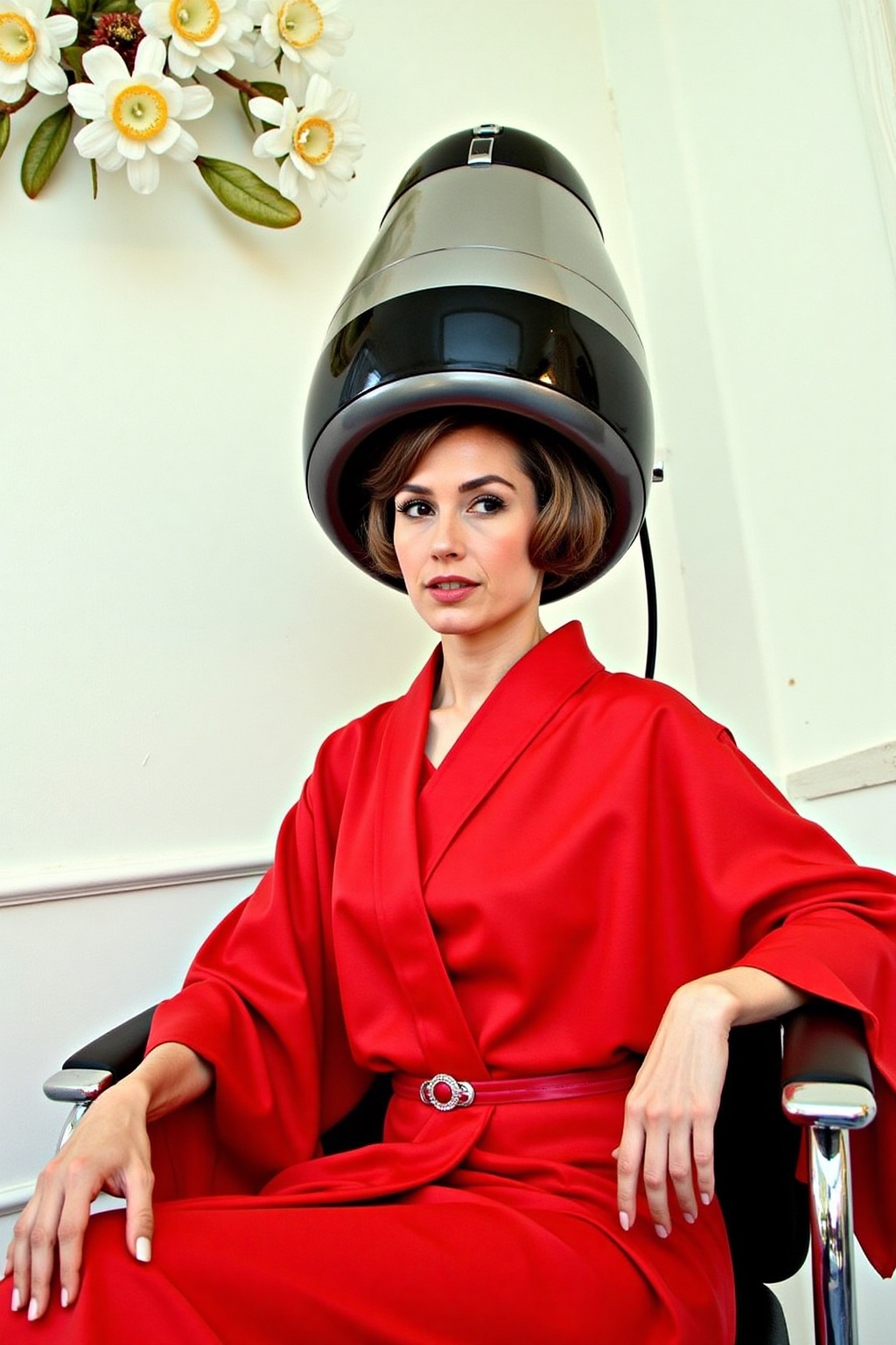 a woman in a red kimono is seated on a chair,  her left arm resting on the armrest of the chair. Her right arm is stretche...