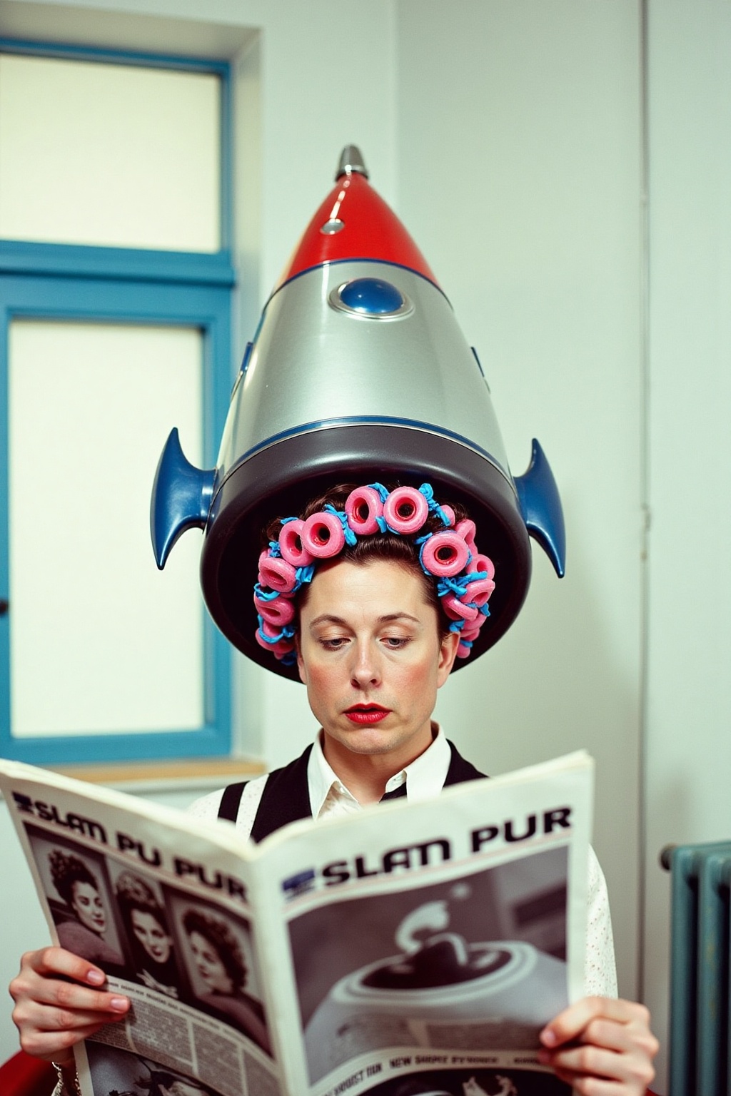 Elon Musk is reading a newpaper. He is wearing a vintage hair dryer that looks like a starship rocket,  with curling curle...