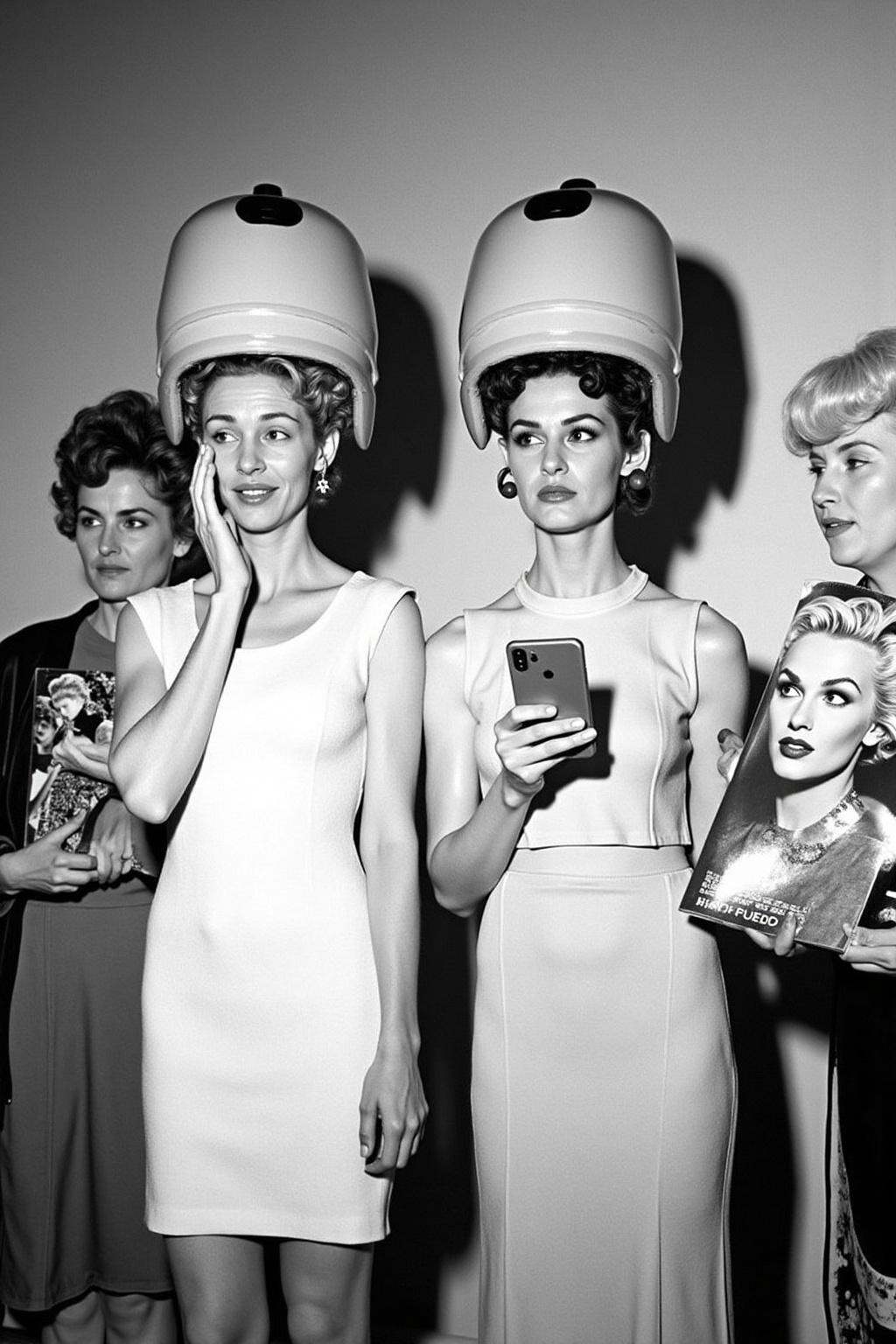A black and white monochromatic photograph of a woman in a white dress stands in front of two mannequins. The woman is wea...