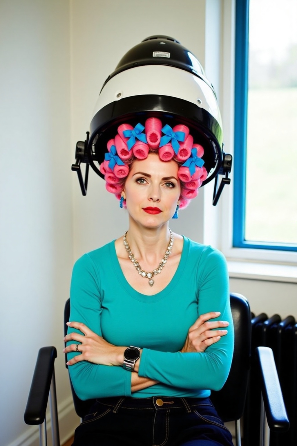 a woman is seated in a black chair with her arms crossed. She is wearing a teal long-sleeved t-shirt,  adorned with a neck...