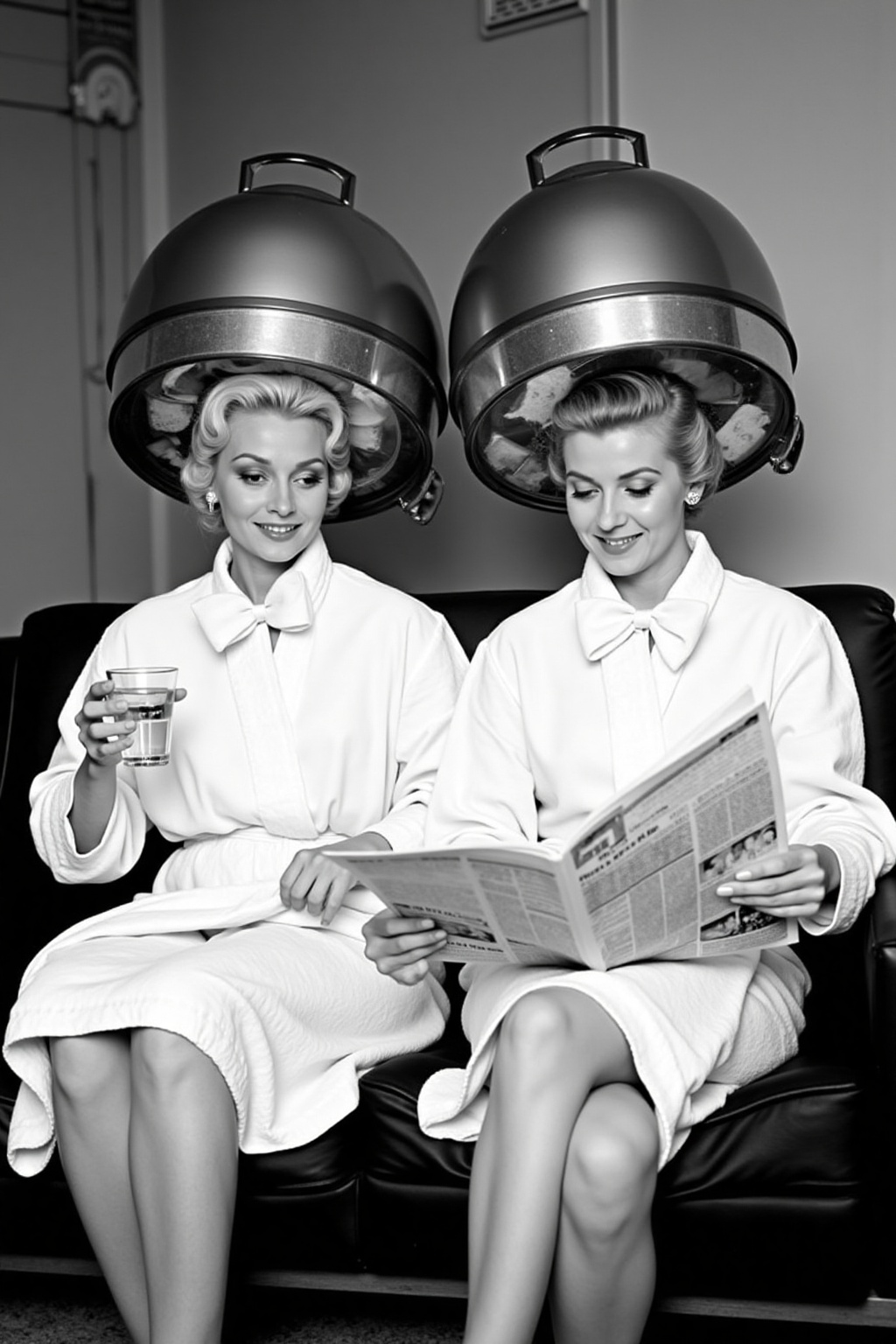 black and white photograph,  two women are seated on a black couch,  each dressed in a white robe on Tensor.Art