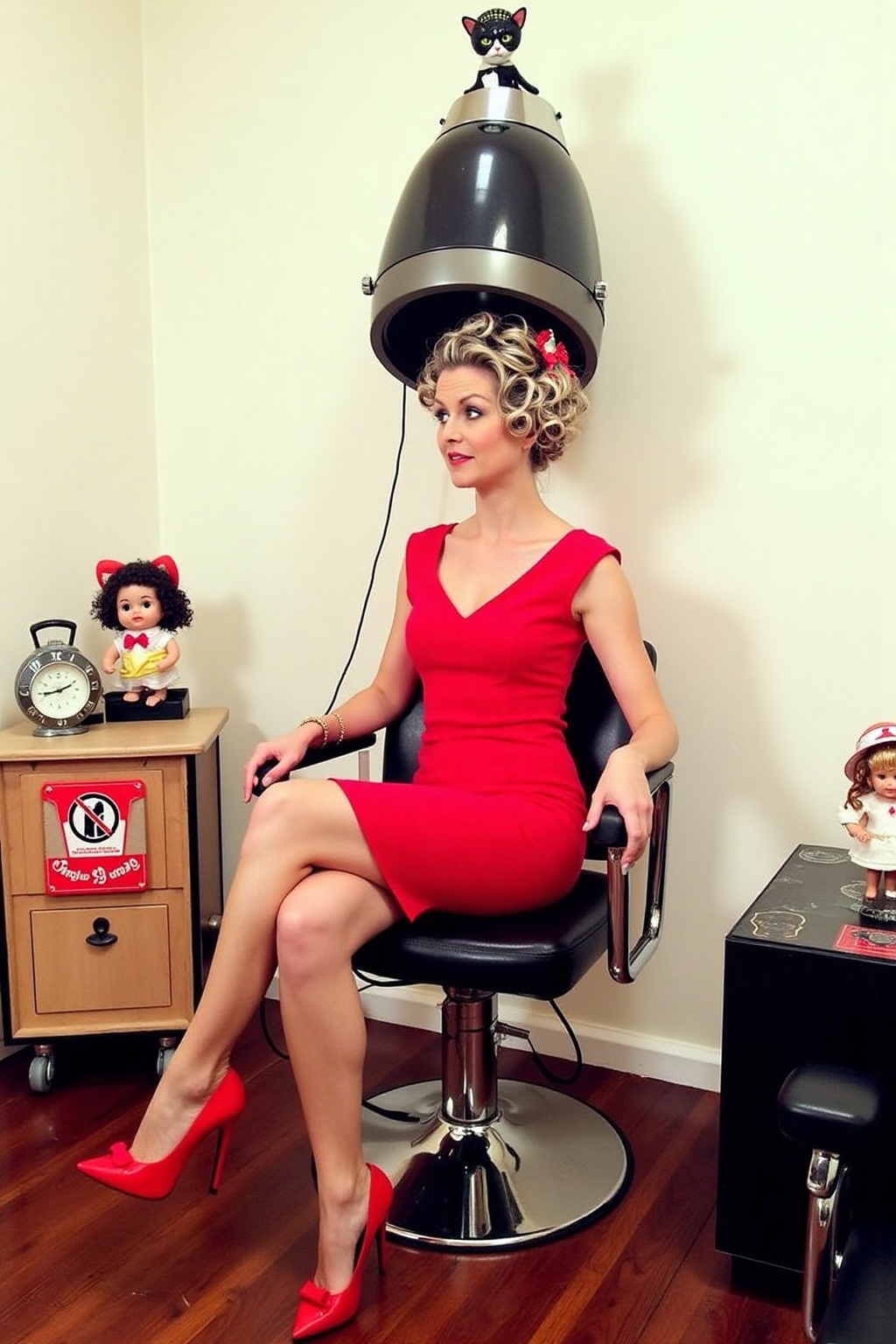 a woman dressed in a red dress and red high-heeled shoes is seated on a black chair at a hair salon . Her hair is styled i...
