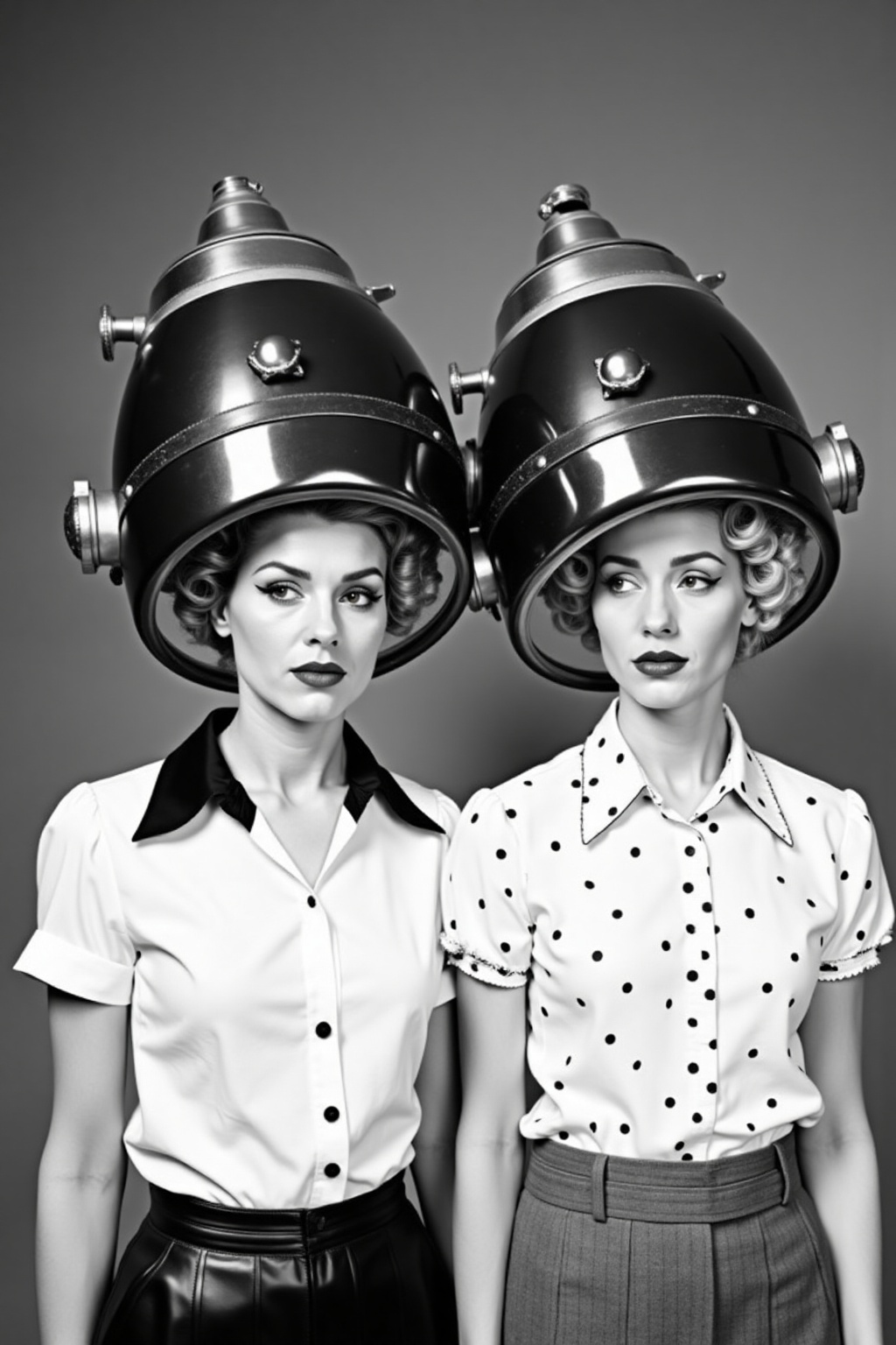 a black and white photo of two women stand side by side,  their heads tilted slightly to the left. Both women are dressed...