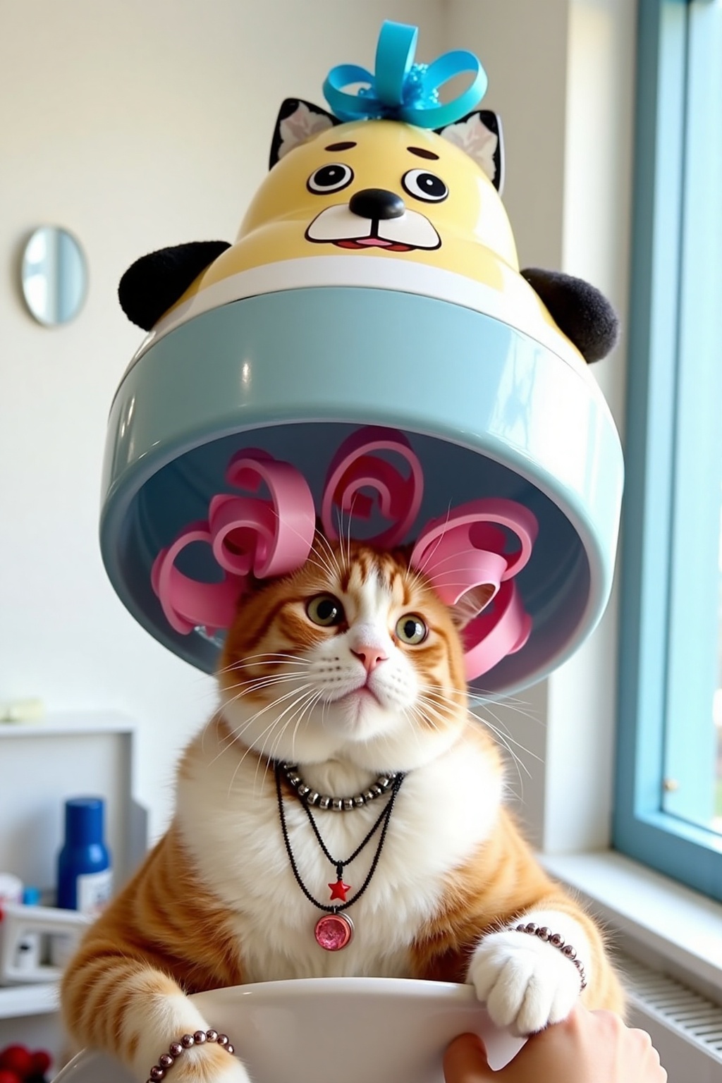 a cat is wearing a a necklace and a bracelet. The cat is under a hair dryer that looks like a dog,  with curling curlers a...